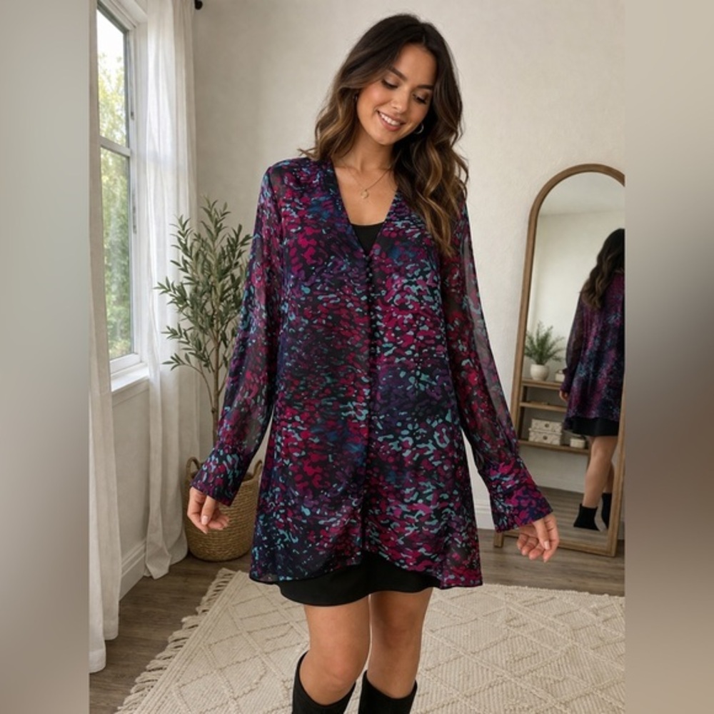 Abstract Blue Magenta Leopard Print Sheer Tunic Mini Dress with Slip Small